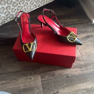 Black and Red Stiletto Heels with Gold Accent